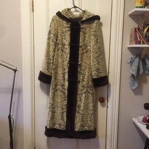 Tapestry and faux fur long coat